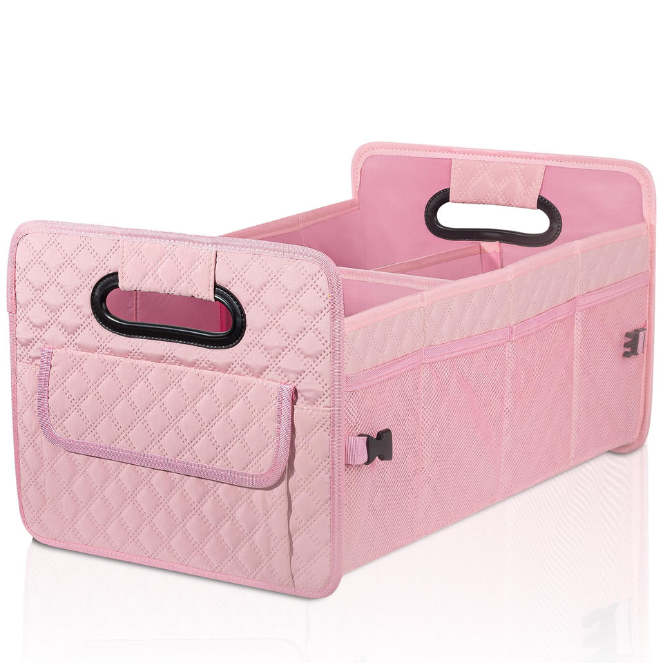 JiatuA car trunk organizer in an SUV helps keep items neatly sorted and accessible.