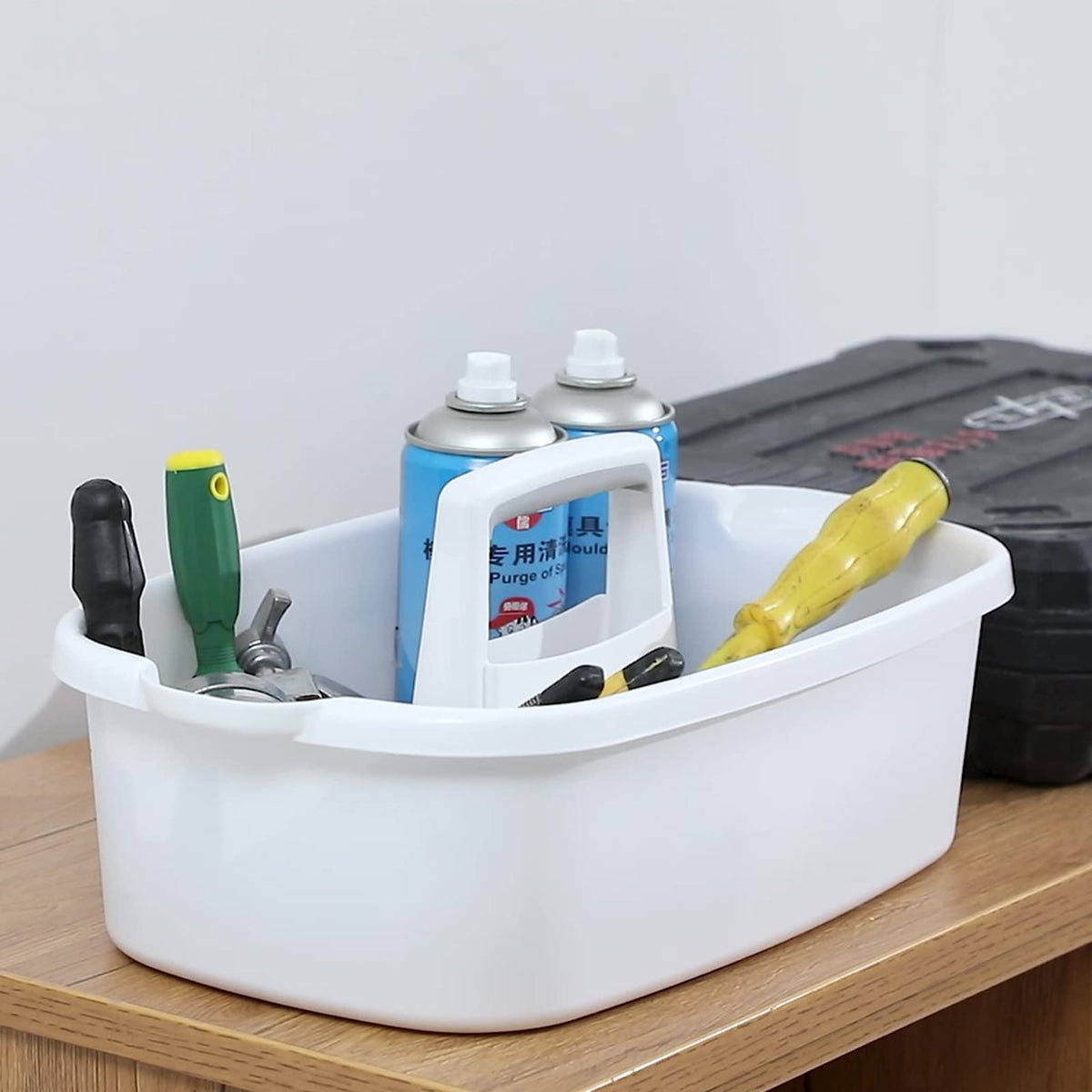 JiatuA stackable cleaning tote for compact storage in cabinets or dorms.