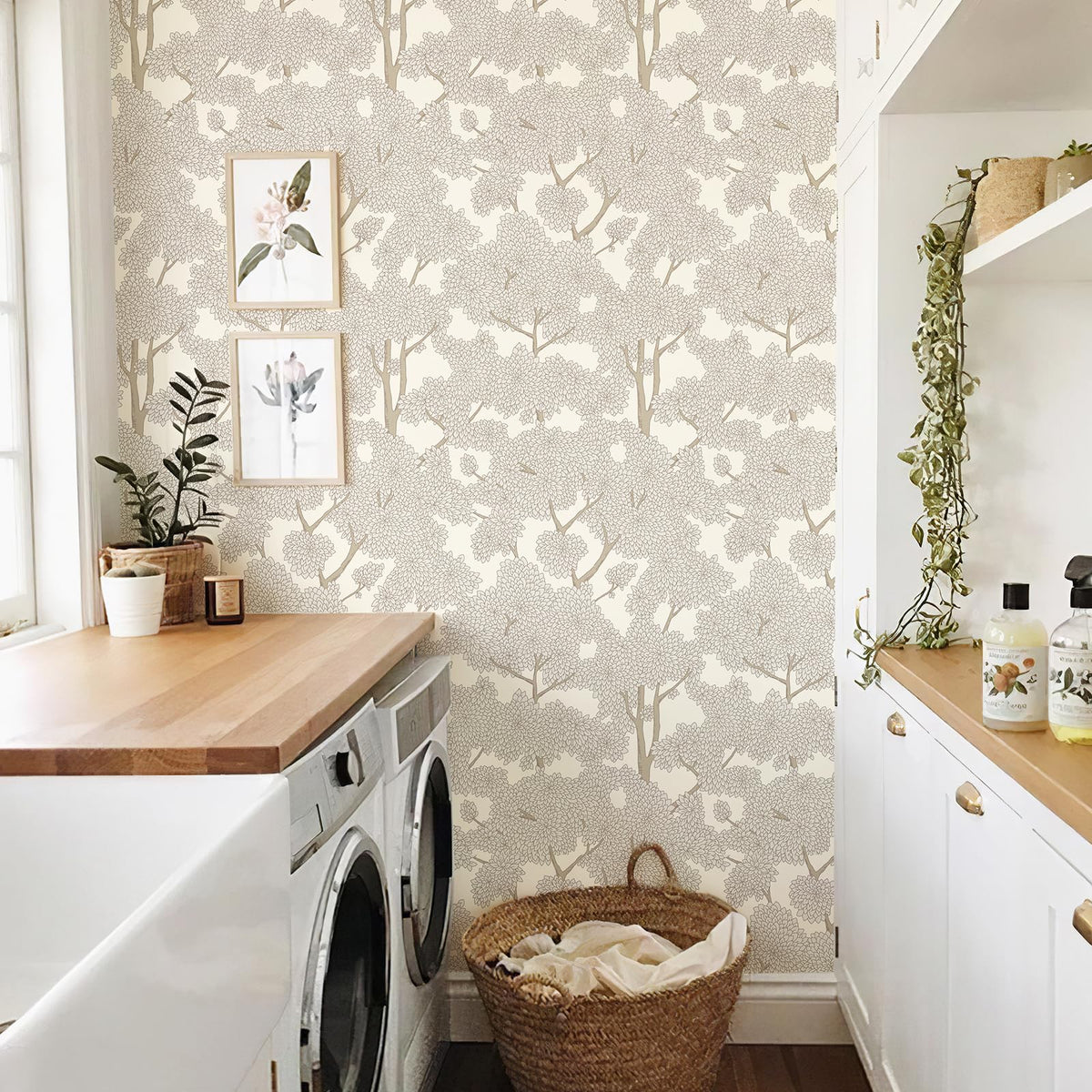 JiffDiff dresser covered in forest wallpaper for furniture makeover.