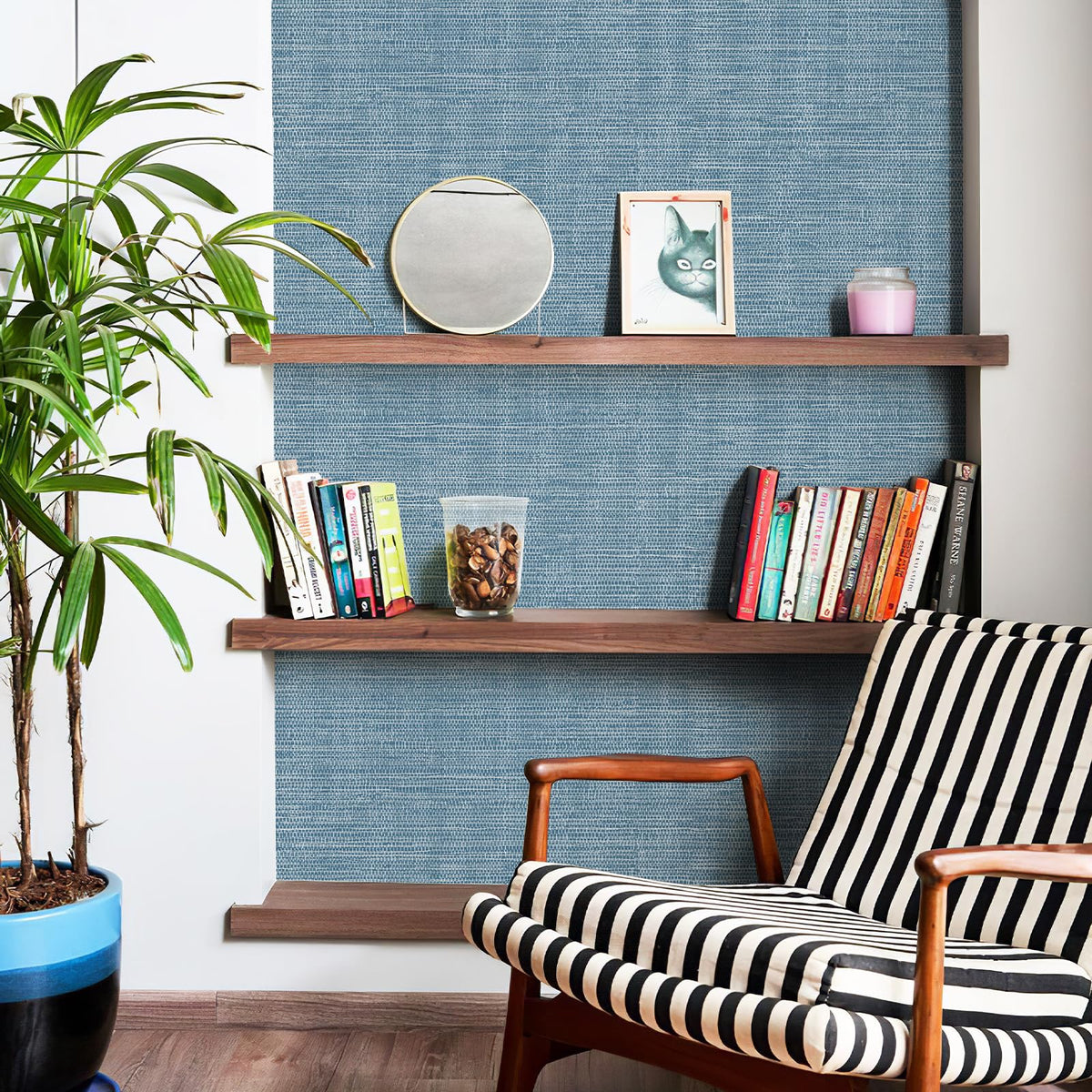 JiffDiff Grasscloth wallpaper stair riser showing upgrade for steps