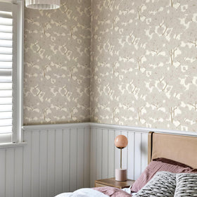 JiffDiff cream forest wallpaper brightens living room with natural warmth.