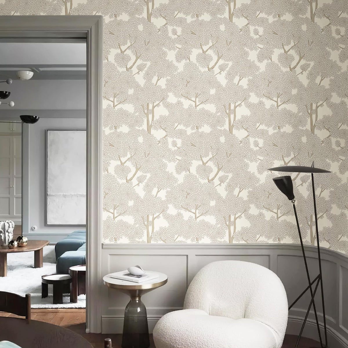 JiffDiff peel-and-stick forest wallpaper roll in cream for easy room refresh.
