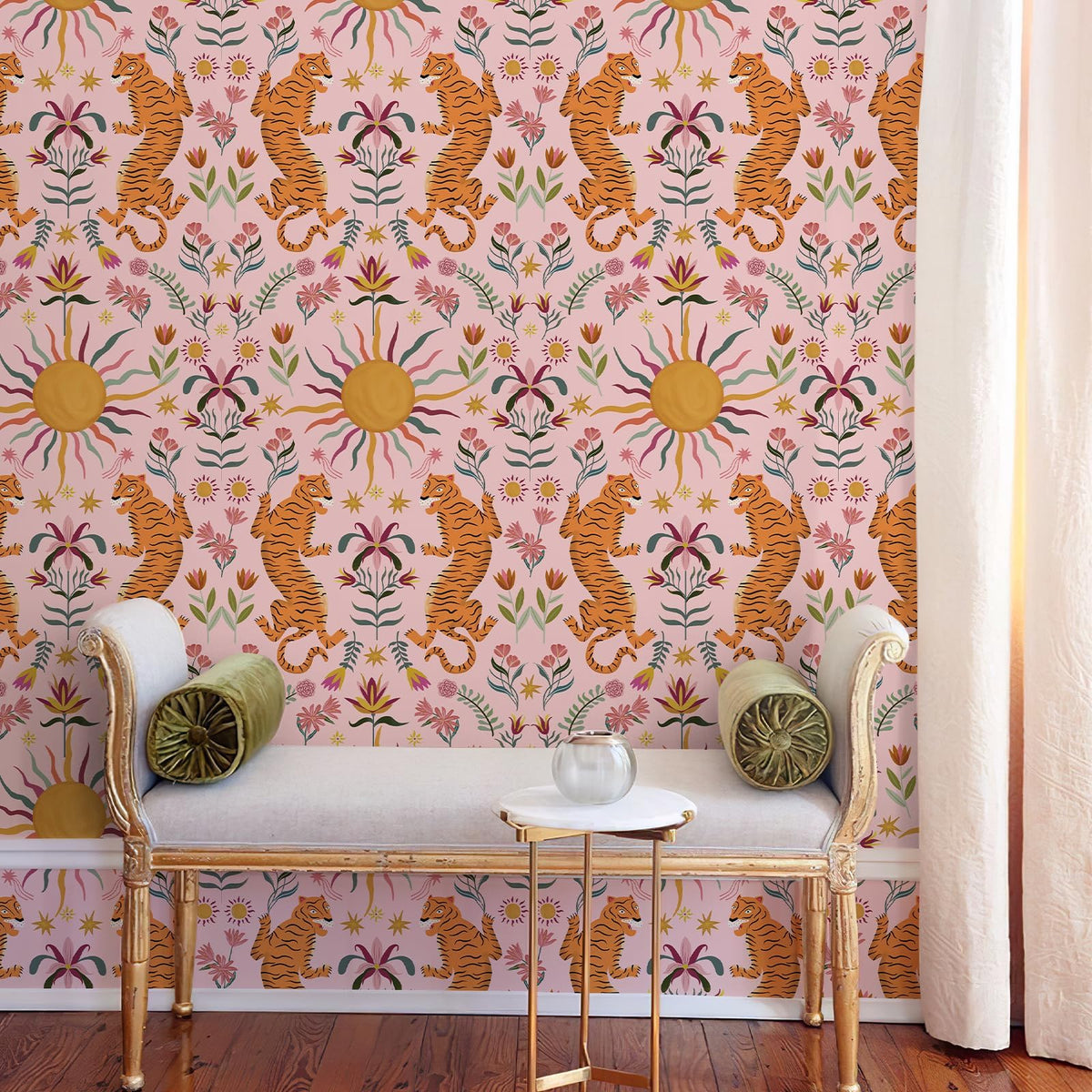 JiffDiff pink tiger wallpaper with a bold peel-and-stick design for quick updates.