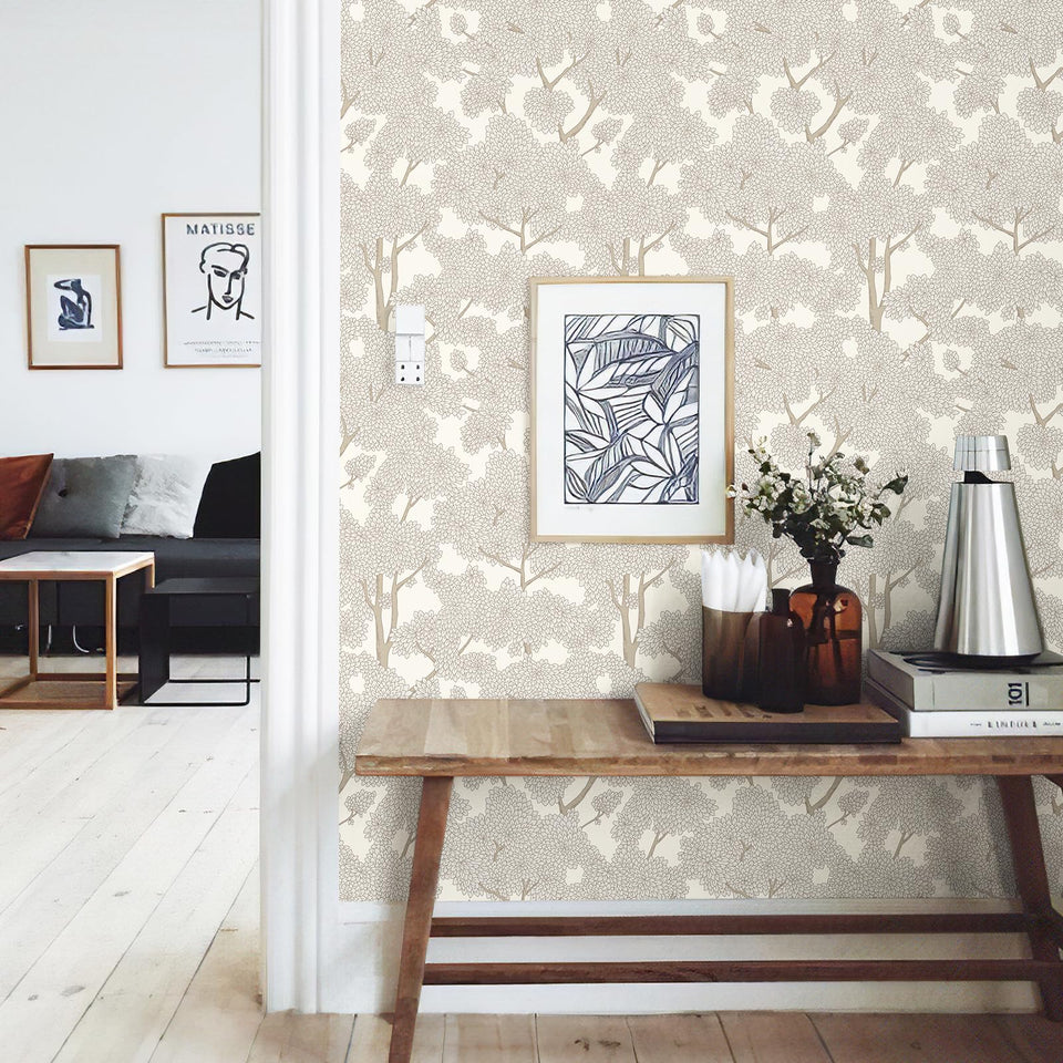 JiffDiff tree wallpaper forest mural in cream adds calming nature to walls.