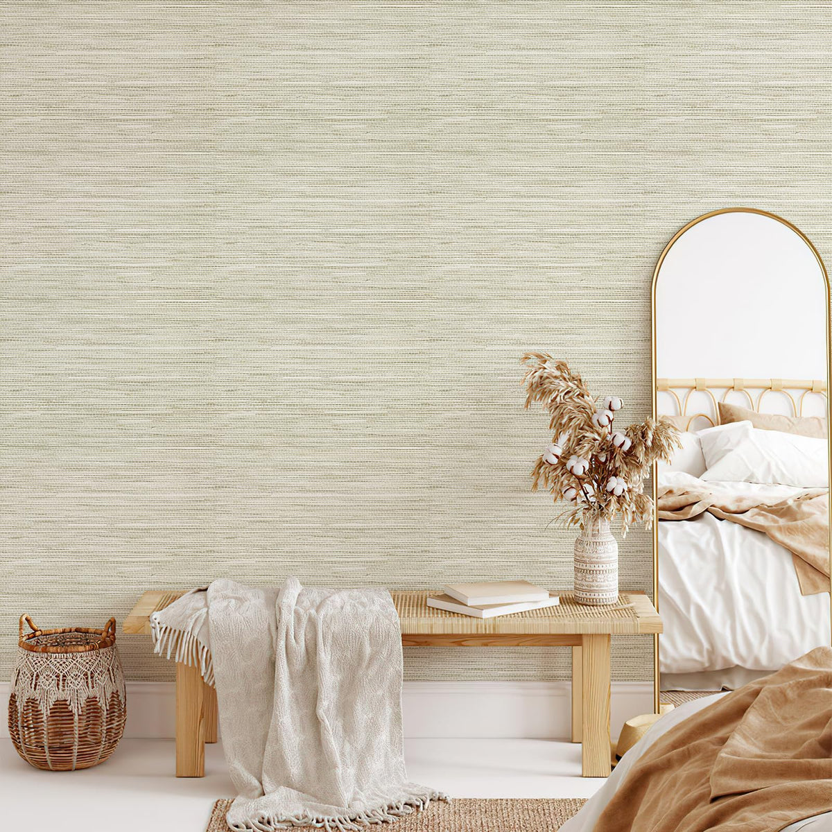JiffDiff Peel-and-stick grasscloth wallpaper applied on wall for easy upgrade.