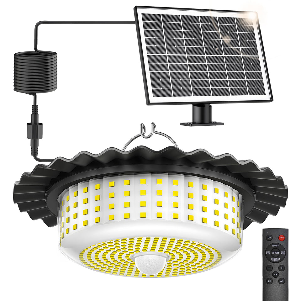 JIORRIO solar shed light with remote control, ideal for patio and path lighting.