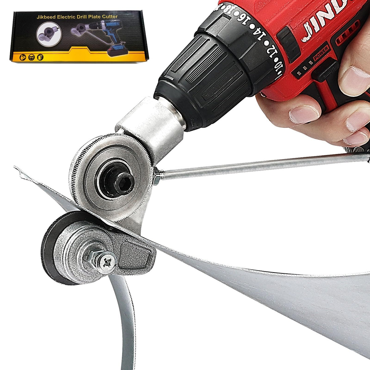 Jikbeed metal nibbler drill attachment close-up shows the cutting edge for clean cuts.