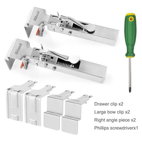 Jikbeed one-click-lock drawer clamps provide fast secure alignment during front installation, reducing effort.