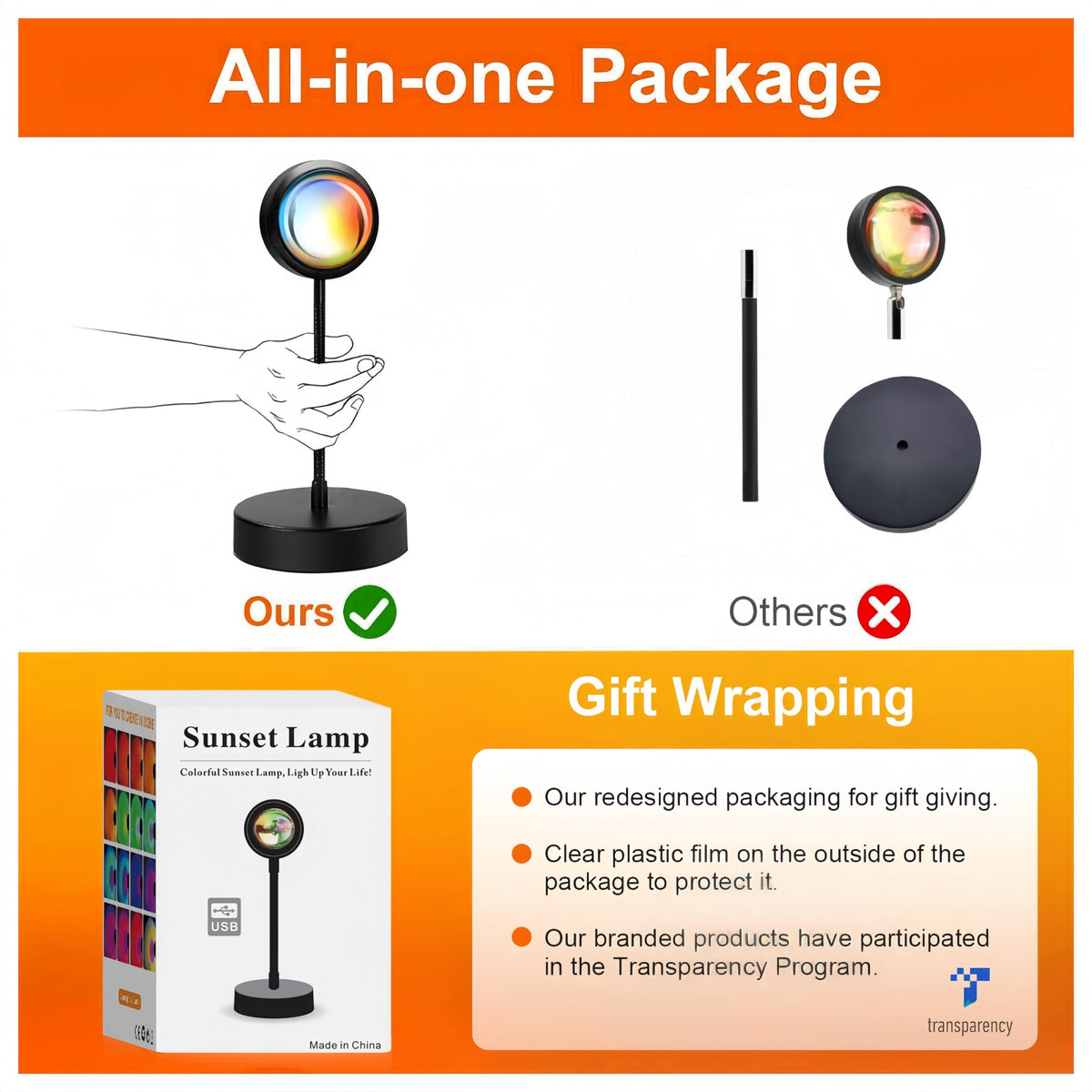 JIMEI Sunset Lamp 360 Rotation allows flexible angles for any setup.