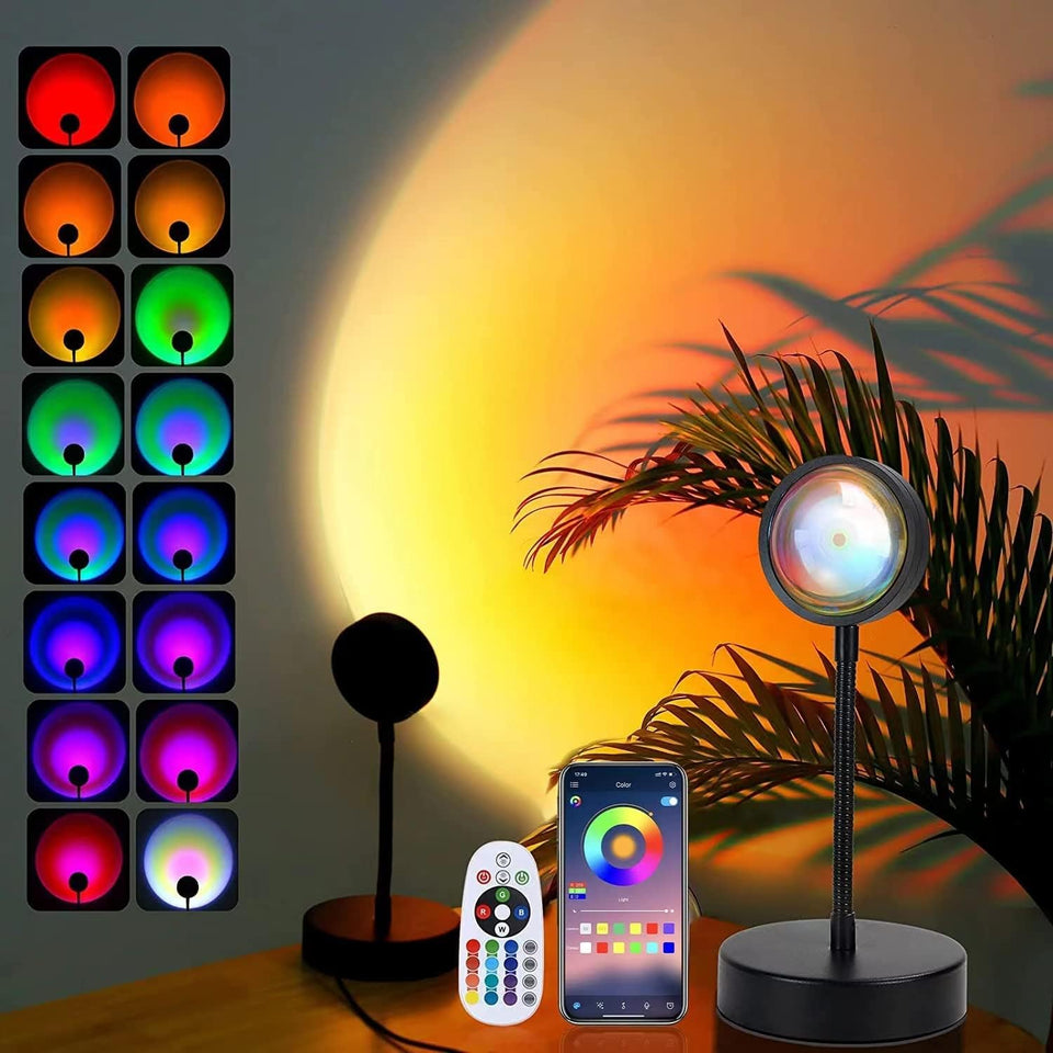 JIMEI Sunset Lamp Projector casts a warm sunset glow for a cozy bedroom ambiance.