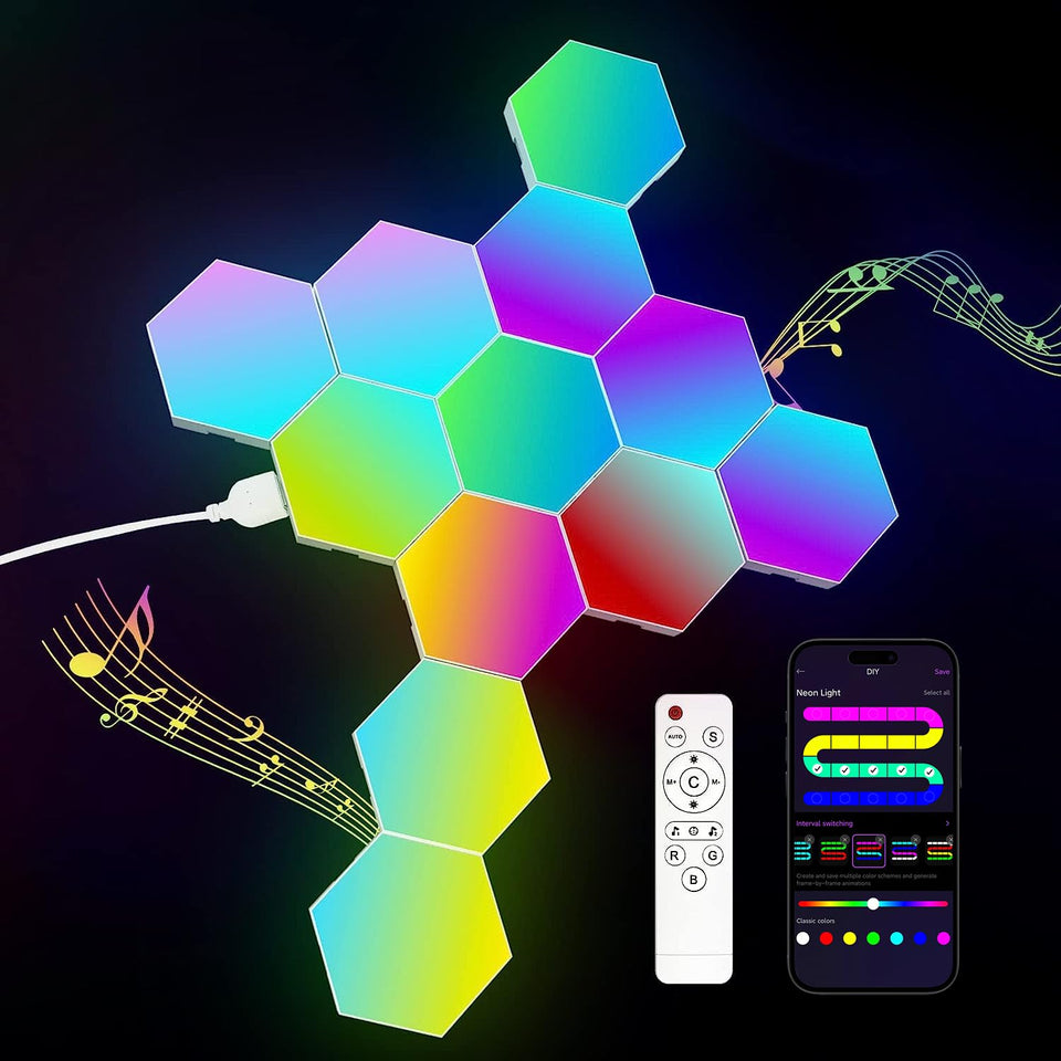 Jimimoro 12-pack hexagon panel assembly showcases flexible room decoration options.