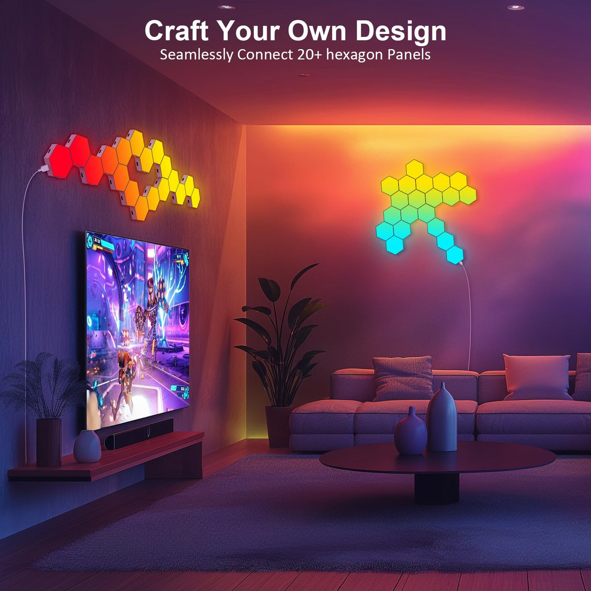 JIMIMORO hexagon LED panel app control demonstrates easy color and scene changes.
