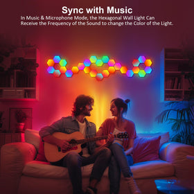 JIMIMORO hexagon LED panel music-sync demo highlights dynamic lighting with sound.