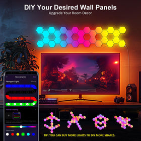 JIMIMORO hexagon LED panel wall-mount demonstrates vibrant RGB colors for modern room decor.