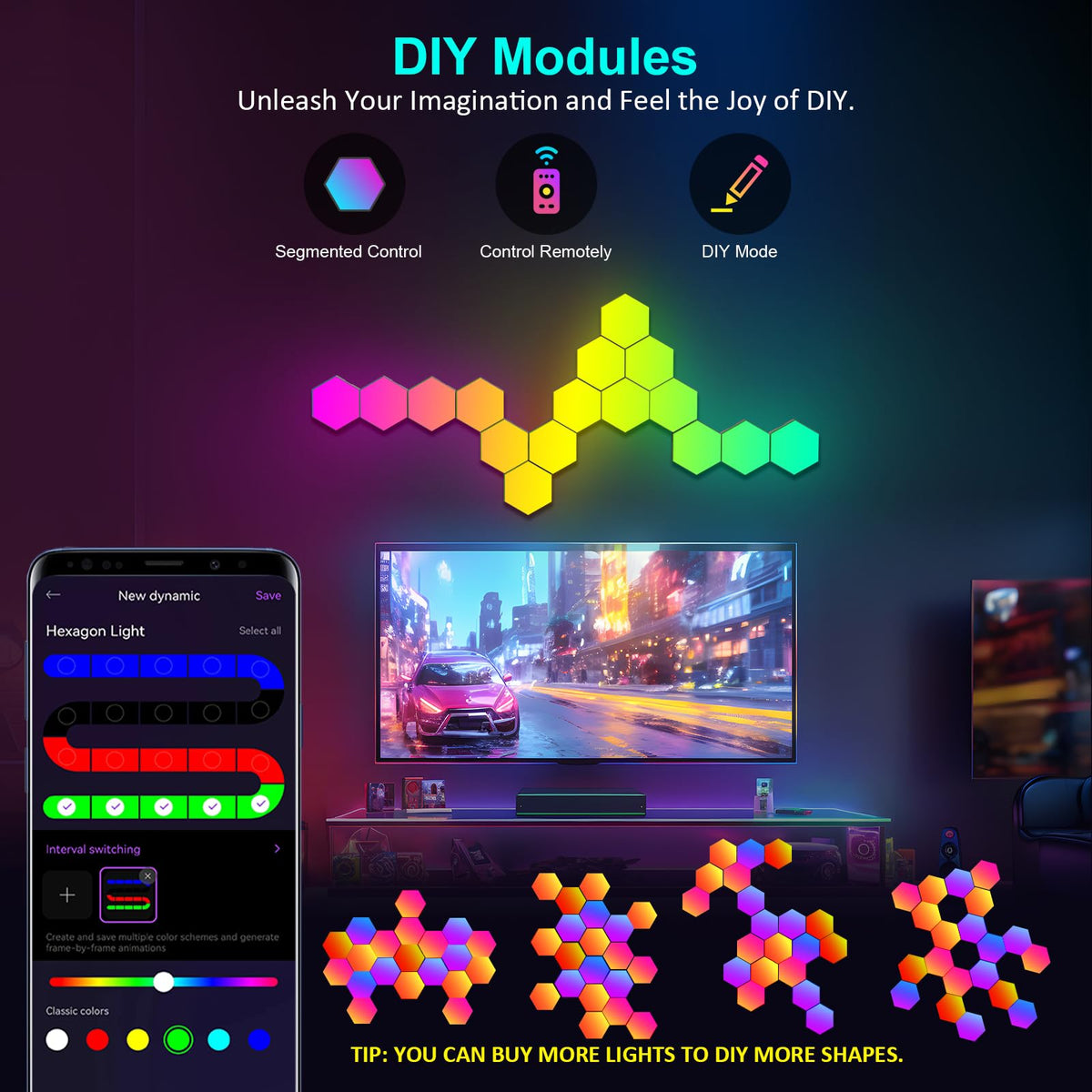 Jimimoro hexagon wall-panel setup demonstrates customizable lighting arrangement.