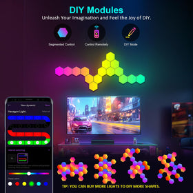 Jimimoro hexagon wall-panel setup demonstrates customizable lighting arrangement.