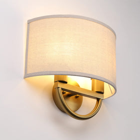 JIMUBEAM wall sconce close-up shows fabric shade and premium metal finish