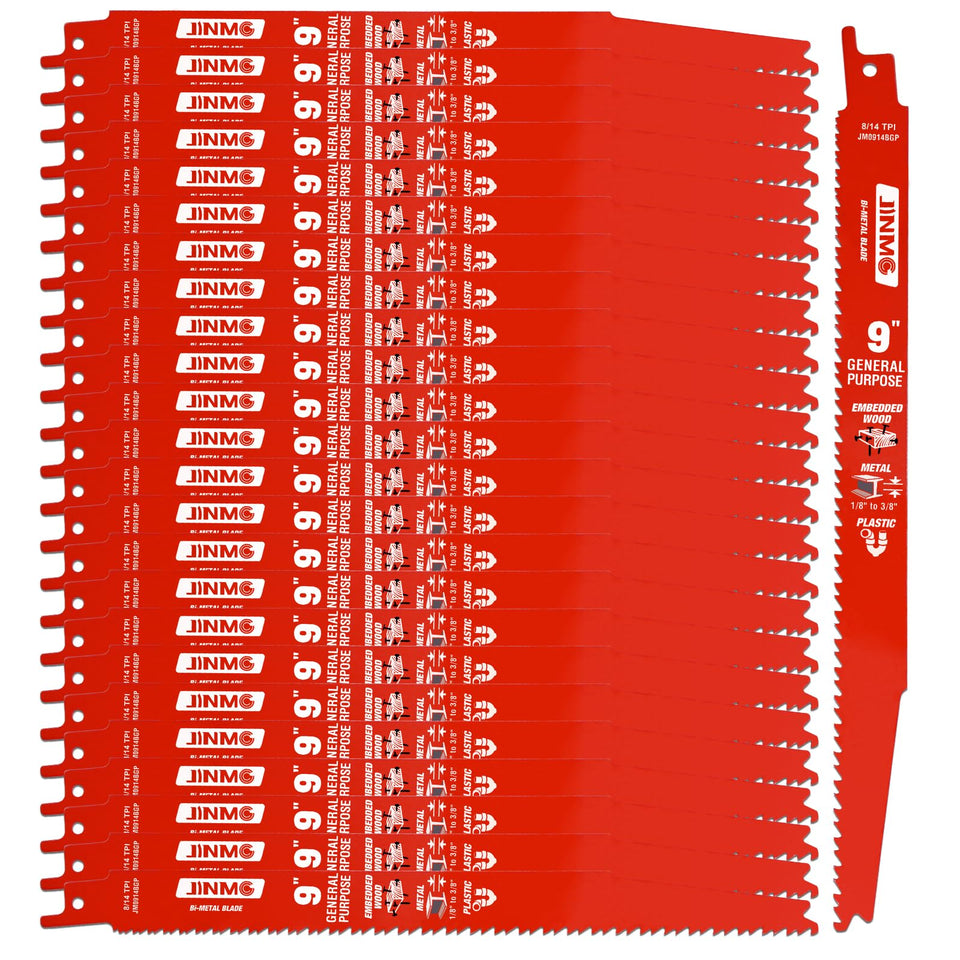 jinmg 25-pack 9-inch bi-metal blades in action cutting lumber smoothly.