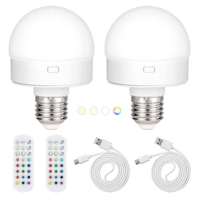 Jioodich 2-pack rechargeable LED bulbs with remote for cordless lighting versatility.