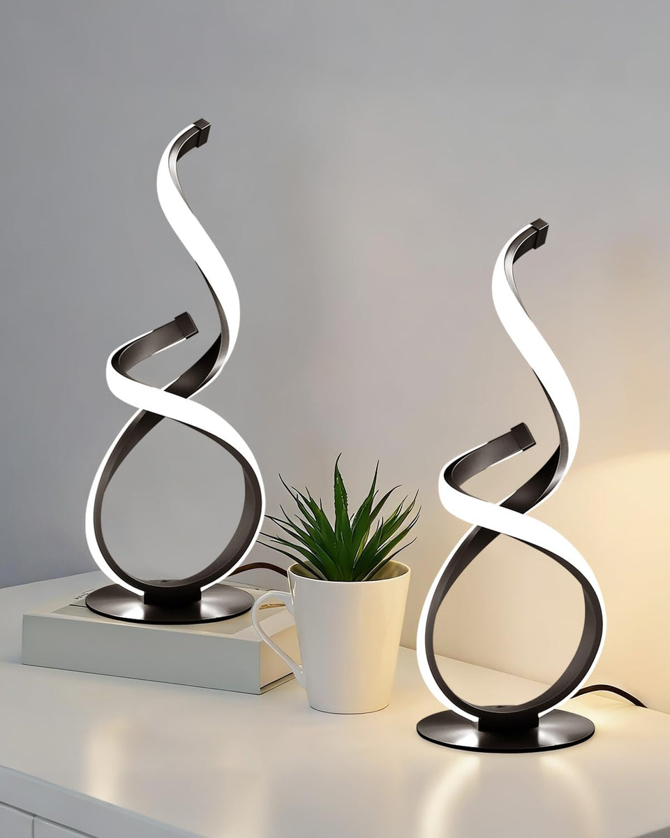 JIOODICH spiral lamp front view adds modern ambiance to a nightstand.