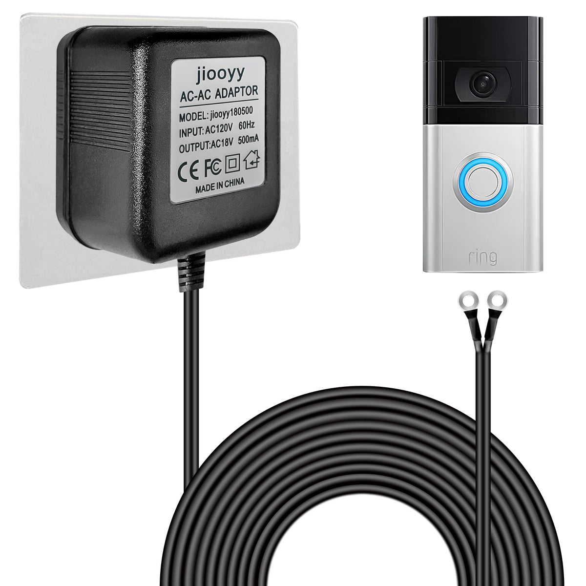 jiooyy 18V 500mA transformer powering the outlet-to-cable setup for video doorbells