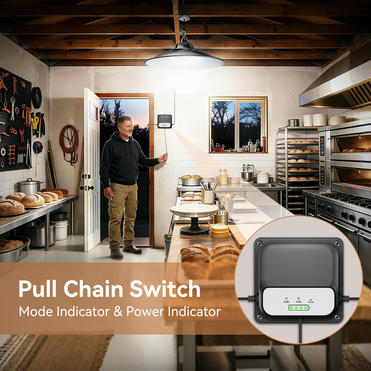 JIORRIO Solar Shed Light pendant installation indoors for flexible barn or garage mounting.