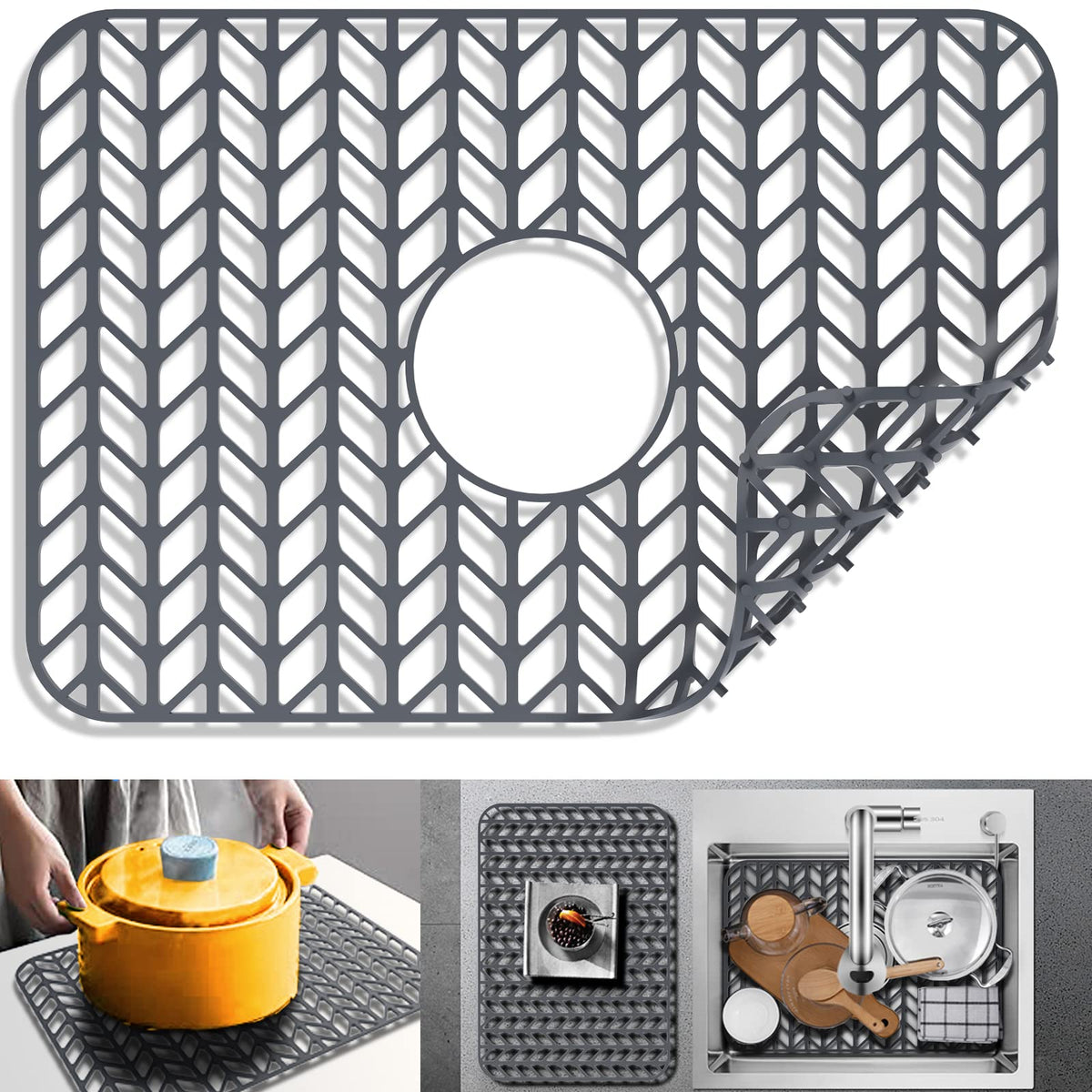 JIUBAR silicone sink mat 18.2x12.5 gray protecting fragile dishes while dampening clatter