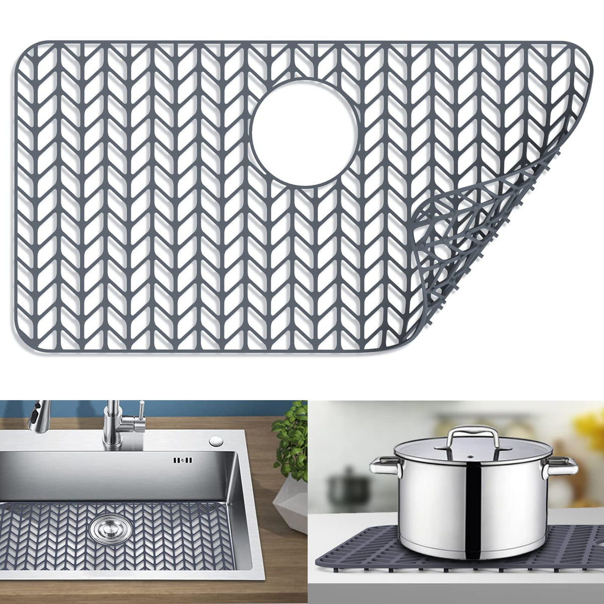 JIUBAR silicone sink mat 26x14 gray rear drain cushions delicate dishes.