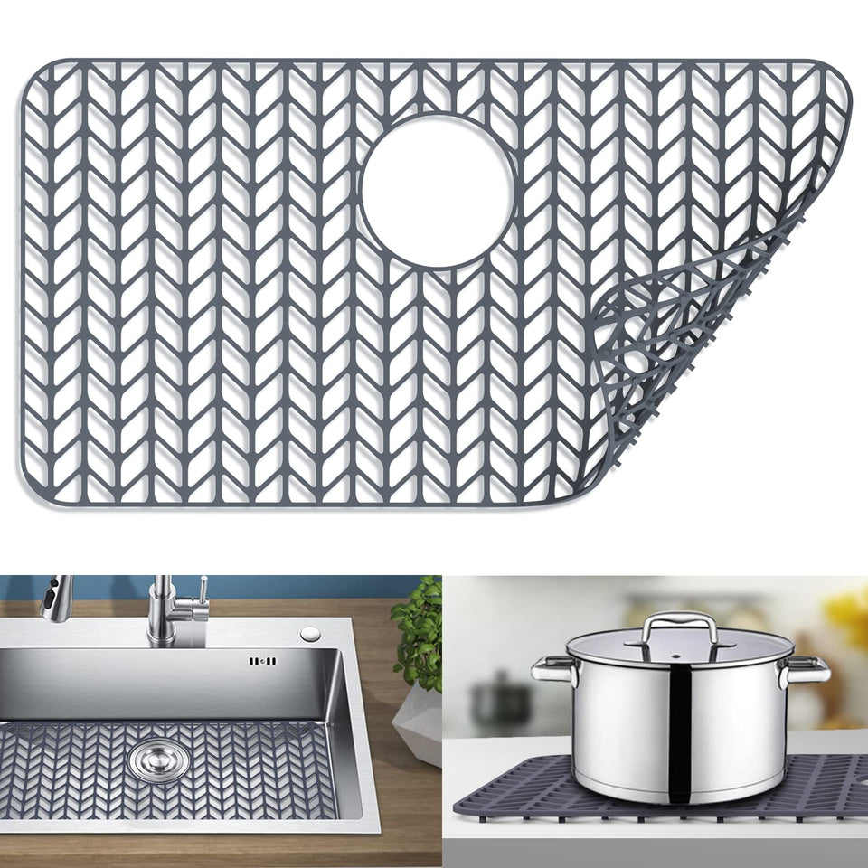 JIUBAR silicone sink mat 26x14 gray rear drain cushions delicate dishes.