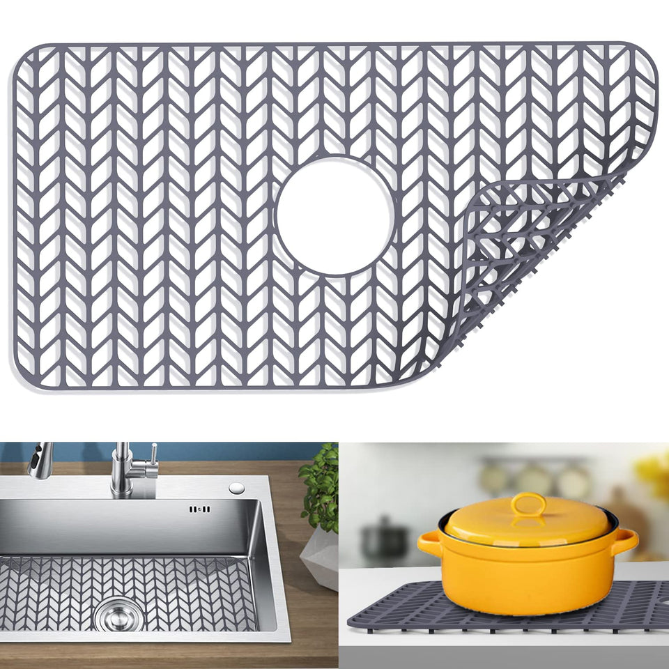 JIUBAR silicone sink mat grid with center drain protects delicate dishes