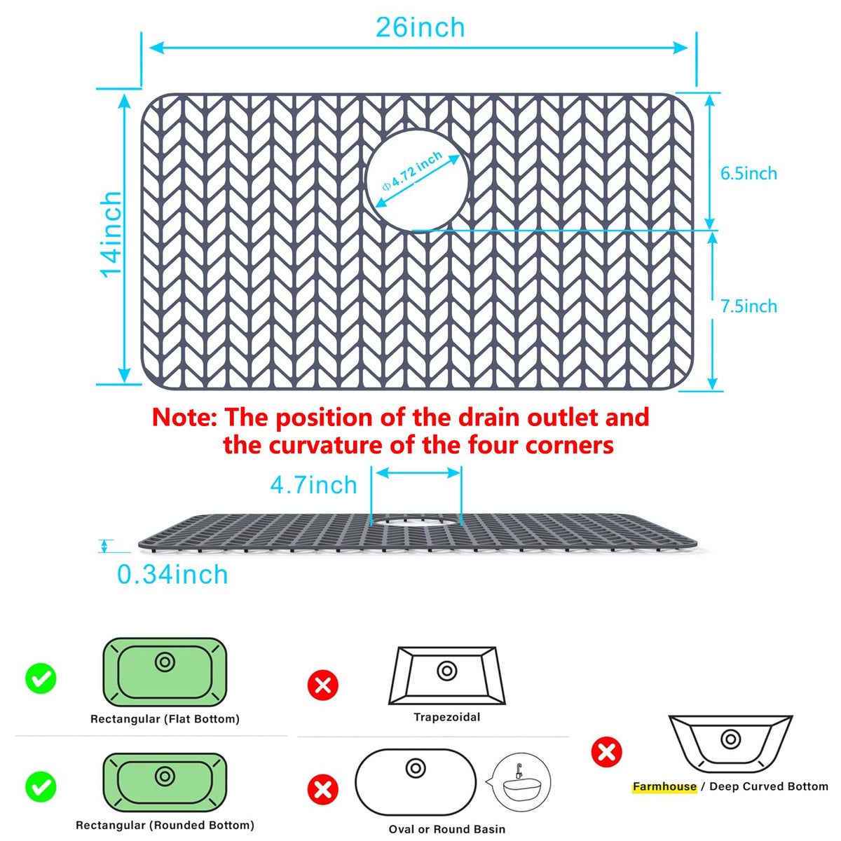 JIUBAR silicone sink grid 26x14 gray raised feet improve drainage.