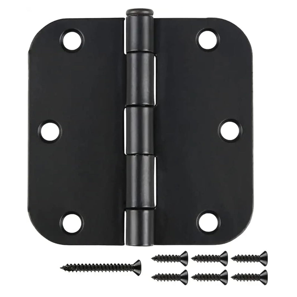 JIW 18-pack matte black door hinges close-up showing sturdy iron construction for durability.
