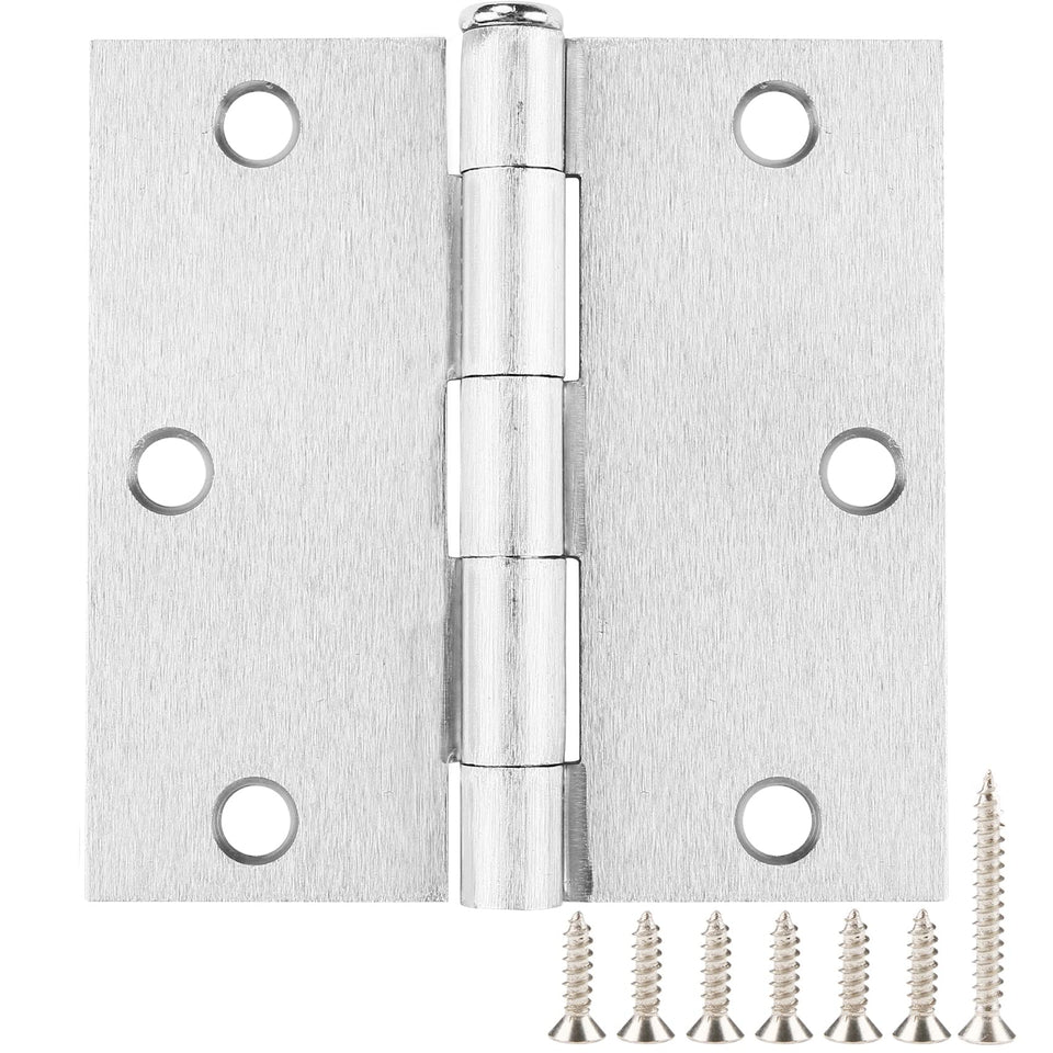 JIW brushed-nickel 3.5-inch hinge closeup shows durable square corners for interior doors.