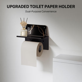 JIXB toilet paper holder with shelf in matte black for essentials