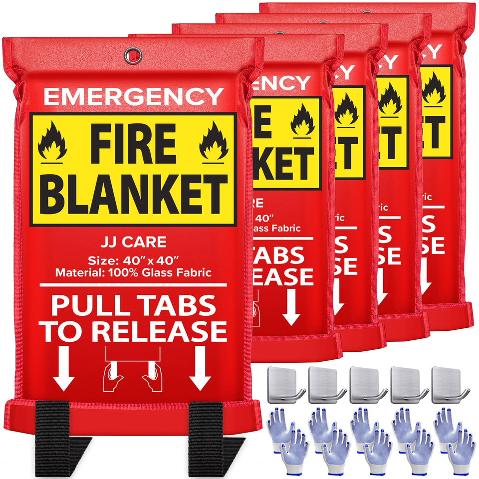 JJ CARE fire blanket 5-pack with hooks and gloves, ready for quick containment.