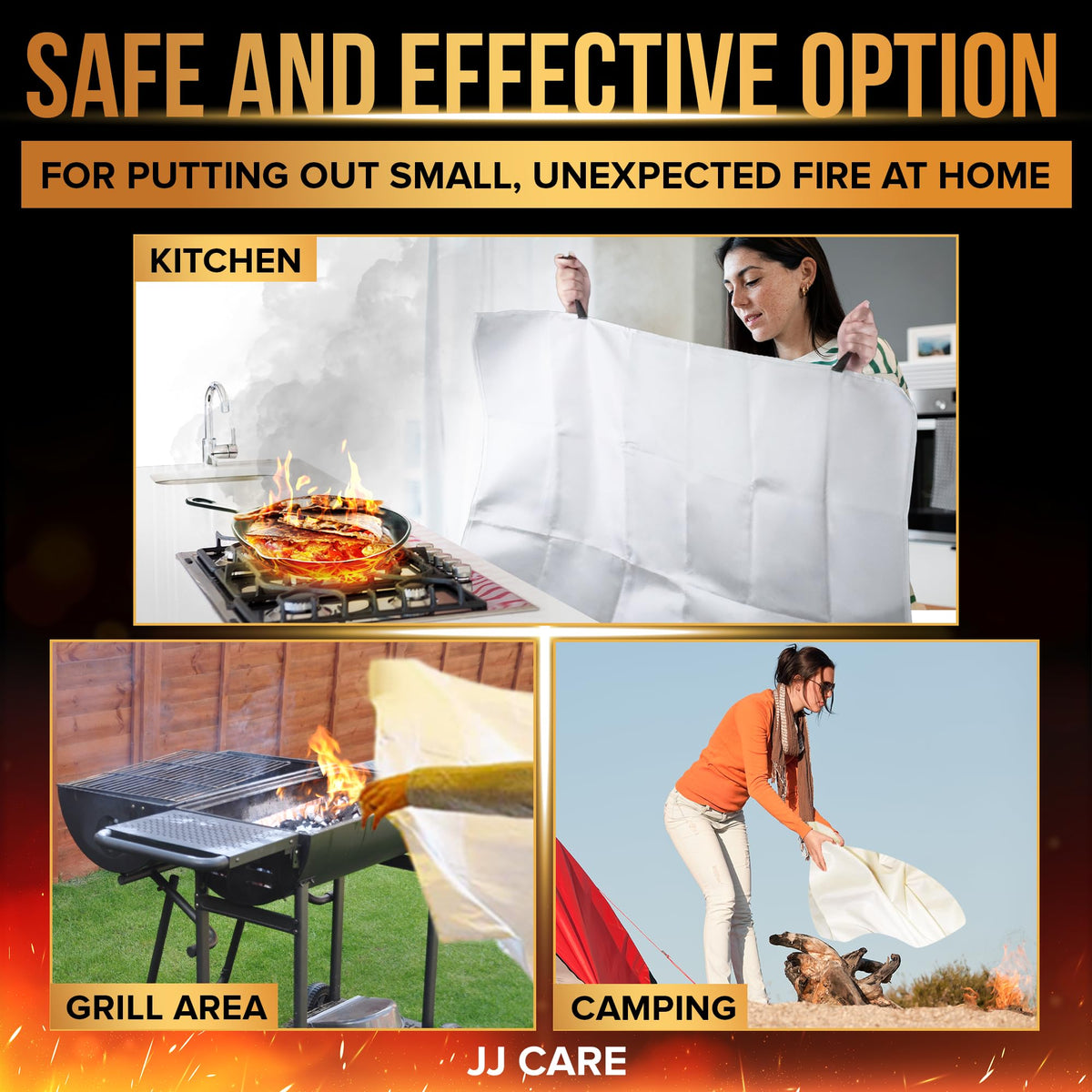 JJ CARE emergency fire blanket provides fast, mess-free fire control.