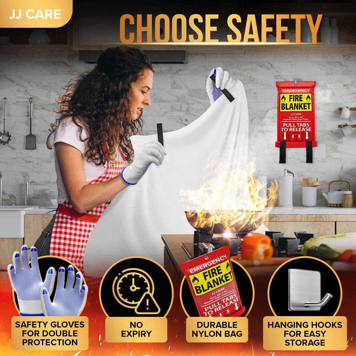 JJ CARE fire blanket material is designed to withstand extreme heat and remain reliable.