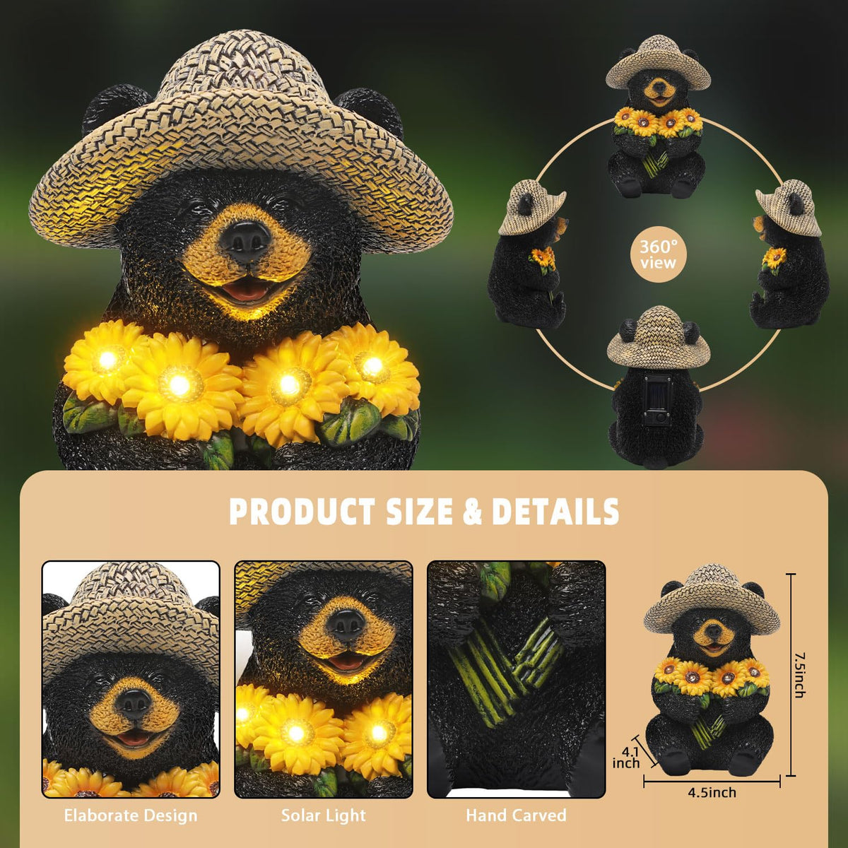 JJALIGHTS bear with sunflowers night light enhances outdoor ambiance