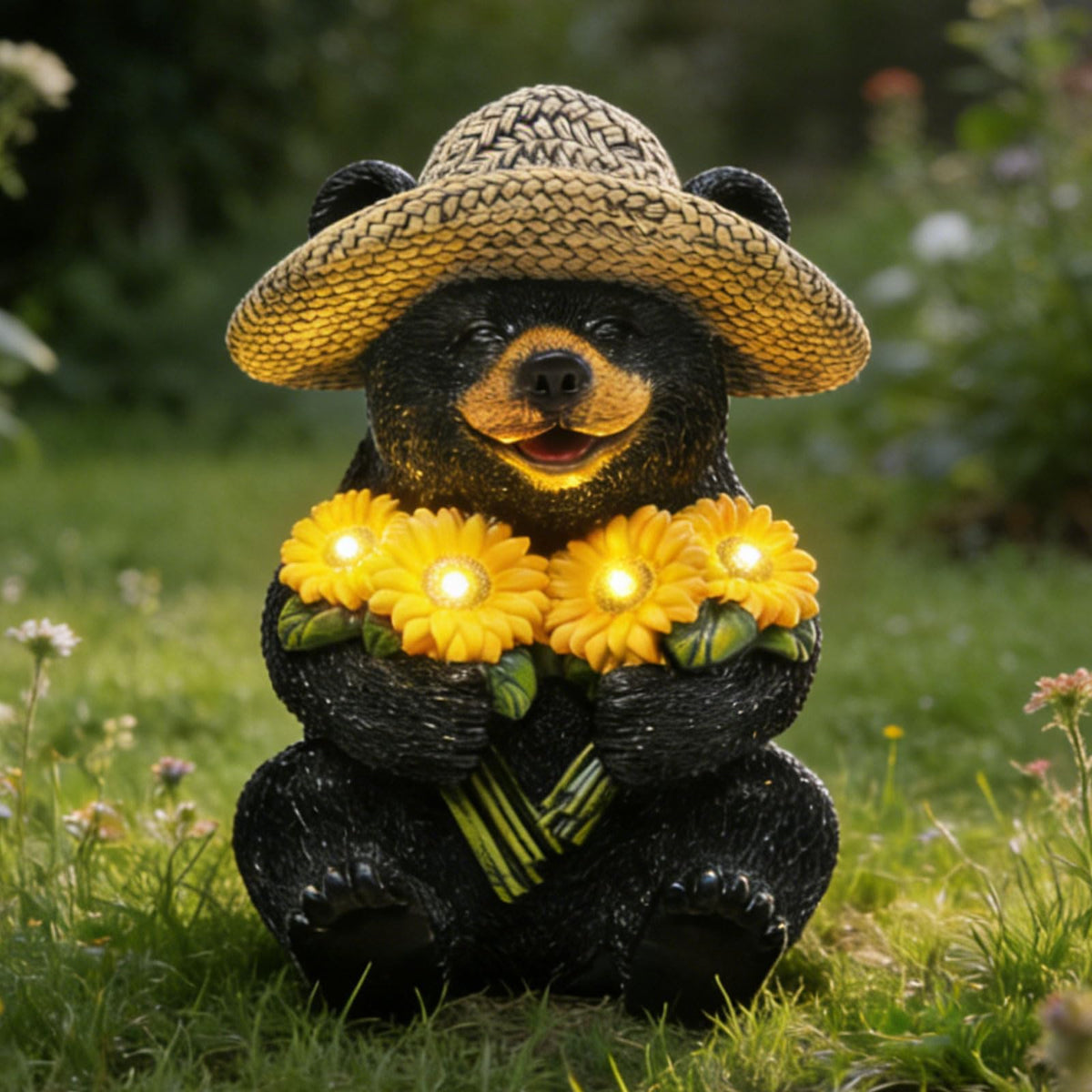 JJALIGHTS solar bear statue with sunflowers and straw hat for daytime garden charm