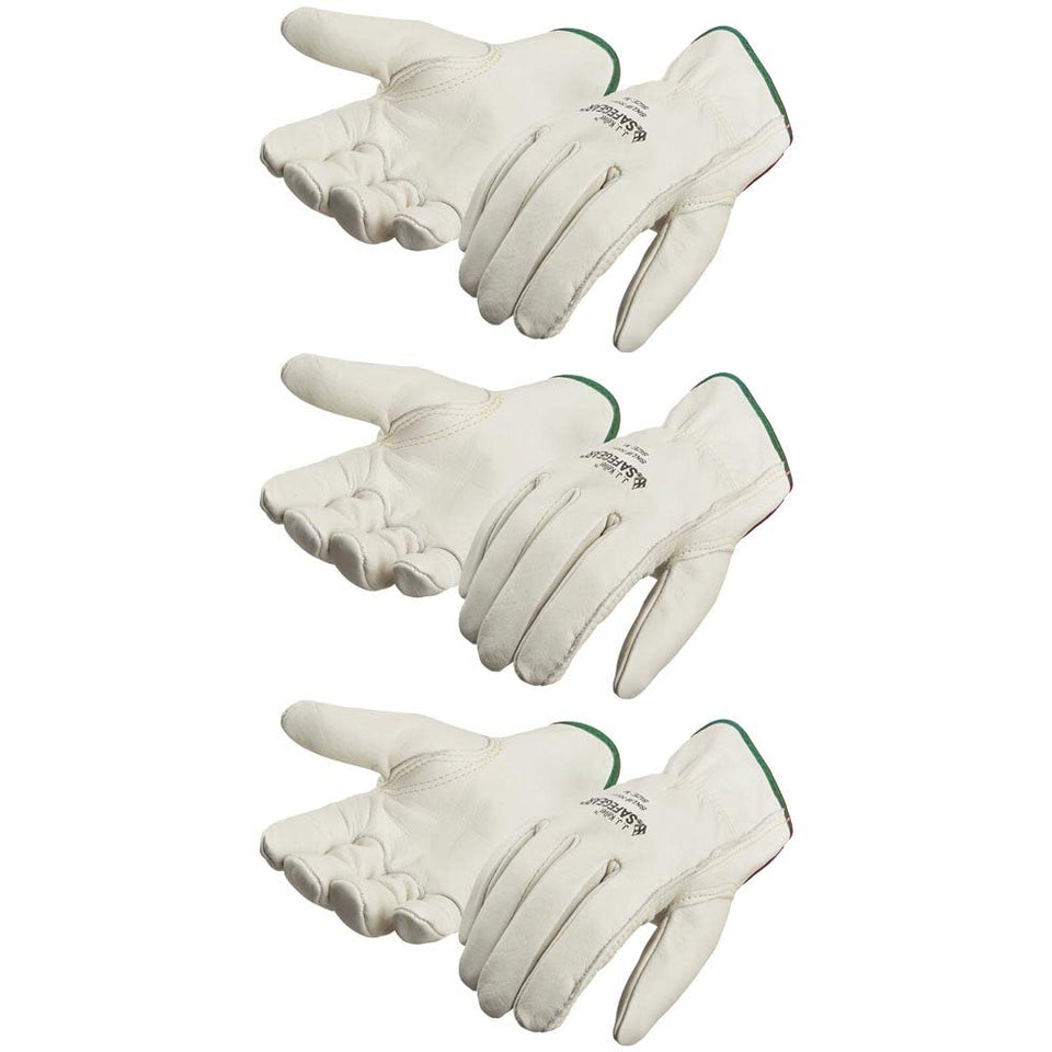 J. J. Keller SafeGear leather work gloves palm view highlighting durability for heavy tasks.