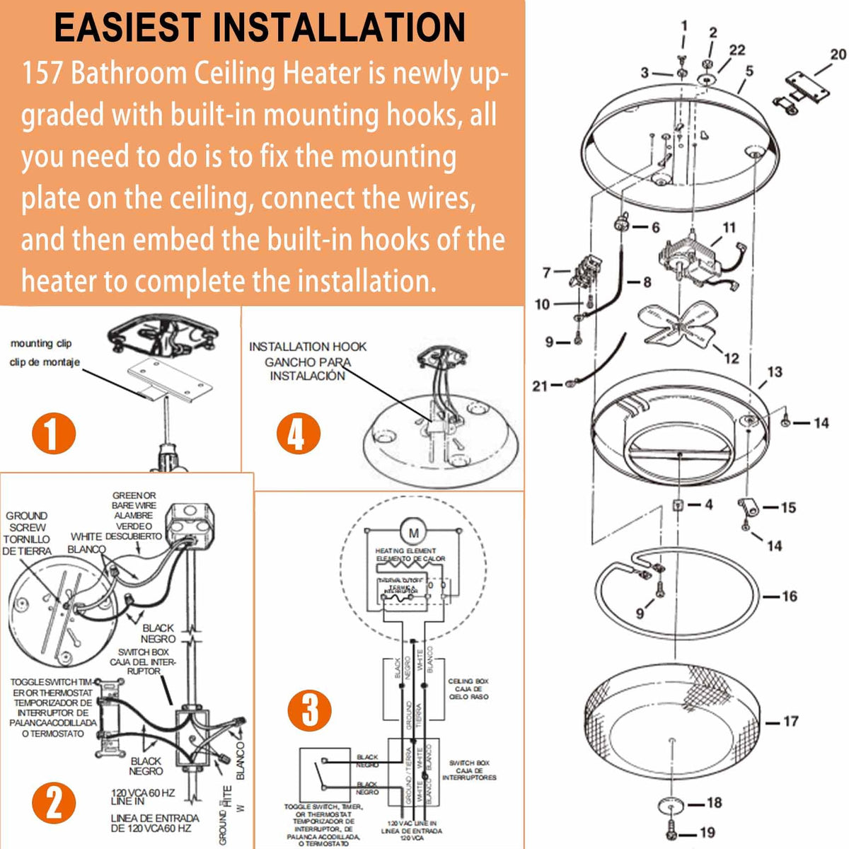 JJXEQO built-in mounting hook allows easy ceiling installation.