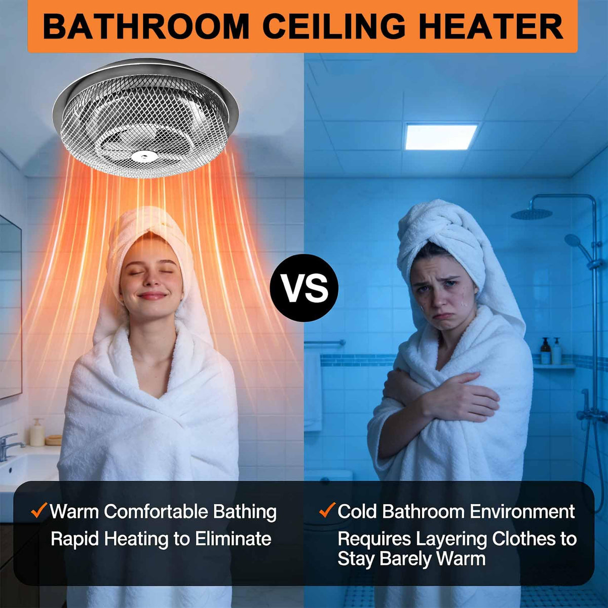 JJXEQO low-profile ceiling heater with aluminum grille design.