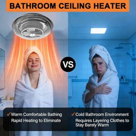 JJXEQO low-profile ceiling heater with aluminum grille design.