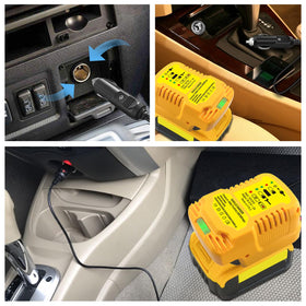 JJXNDO vehicle charger compatible with DCB203 and DCB201 batteries for versatile on-site use.