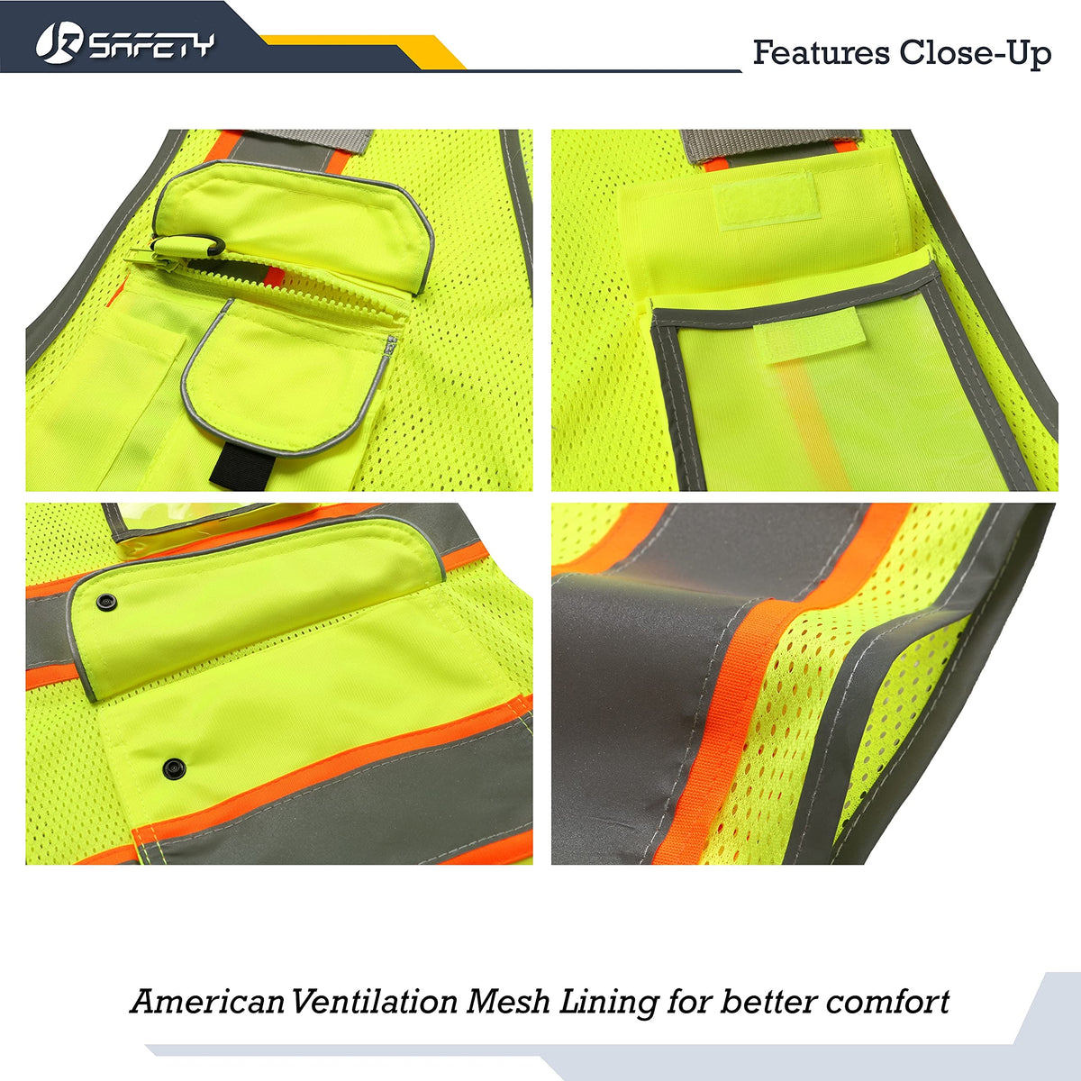 JKSafety vest features extend-edge orange trim and reflective tapes for daytime and night visibility