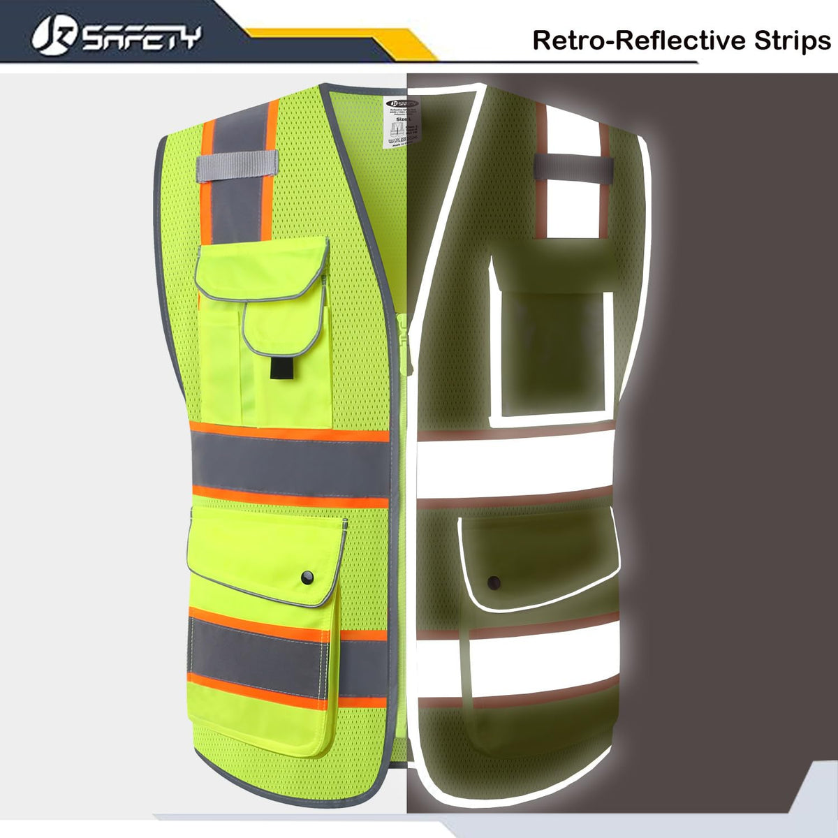JKSafety vest pocket window and D-ring for organization.