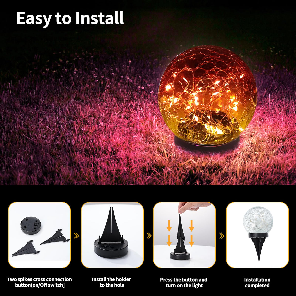 JKIMK solar globe light waterproof outdoor orb shining through rain and sun