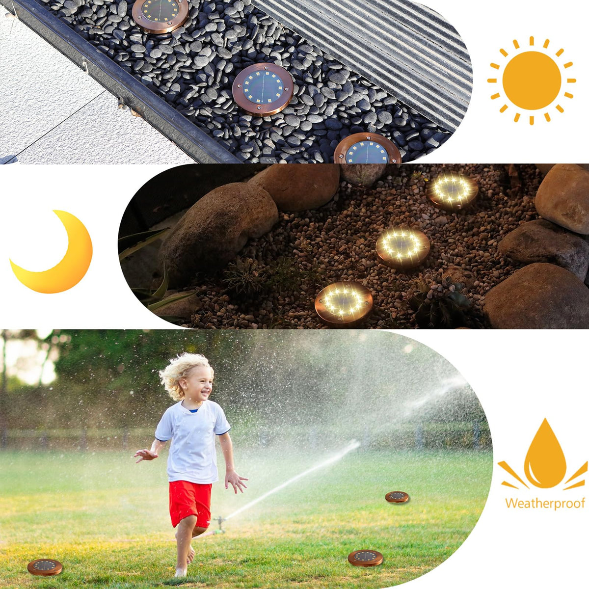 JKIMK solar ground light round disk delivers bright night yard illumination.