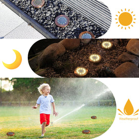 JKIMK solar ground light round disk delivers bright night yard illumination.