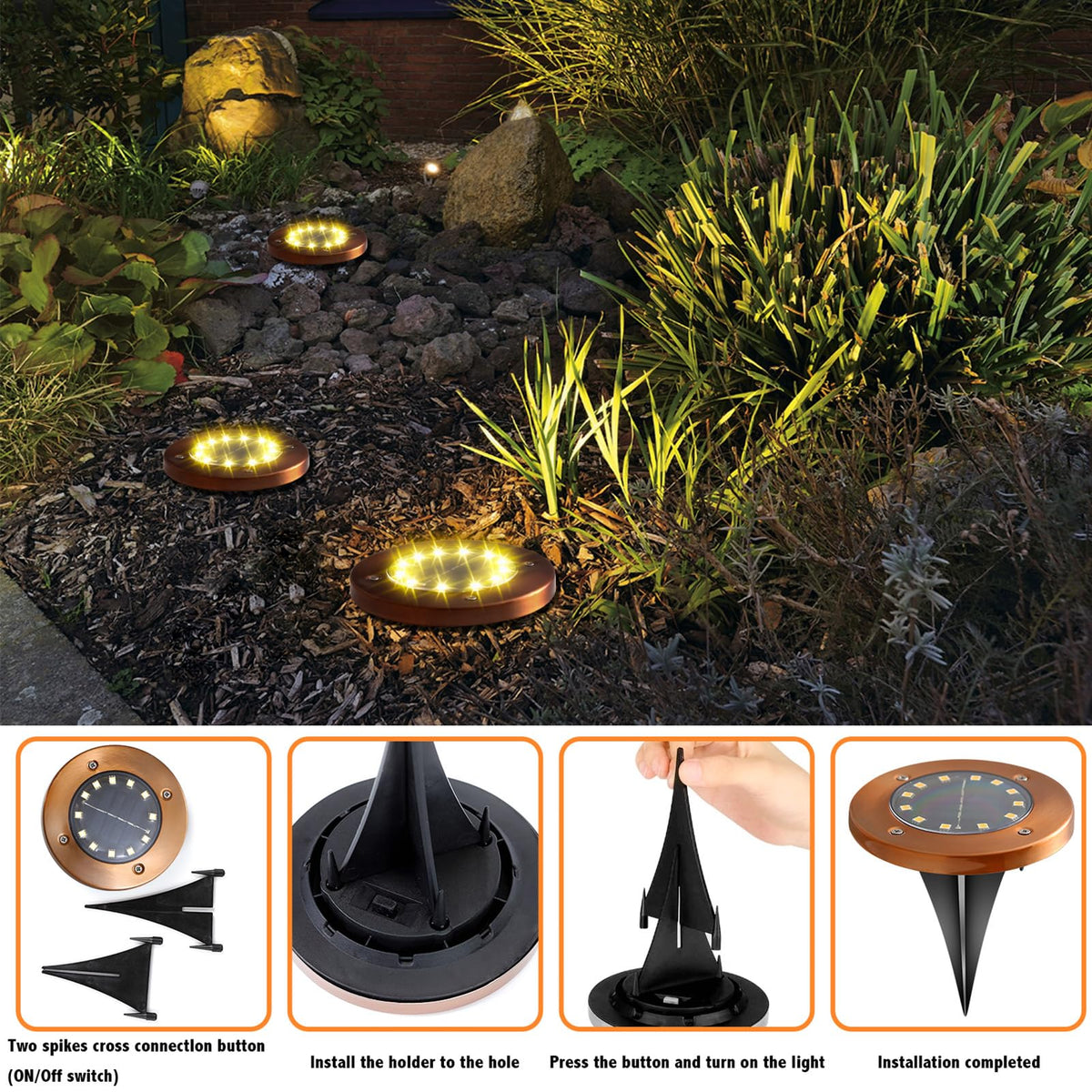 JKIMK solar ground light round disk ideal for driveways and pathways.